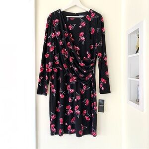 black faux wrap with red pink floral print long sleeve dress
